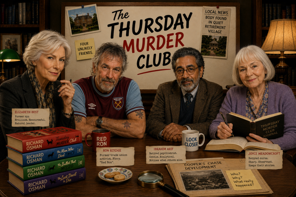 Four adults, two women and two men. One of the men has a West Ham shirt and tattoos and the other man has a suit on, glasses and a slightly darker complexion.